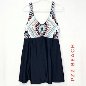 PZZ Beach Womens Bathing Suit One Piece Skirtdress‎ Aztec Print Size 4X